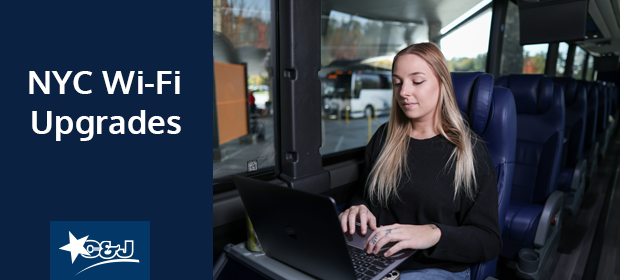 Image: Woman on her laptop on C&J bus. Text: NYC Wi-Fi Upgrades